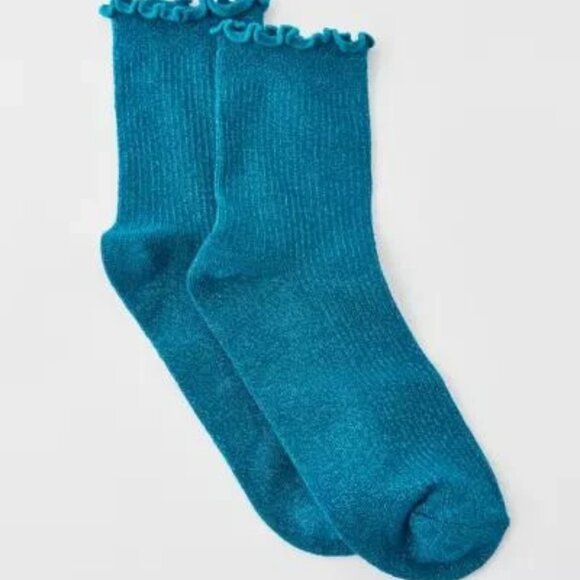 NWT Urban Outfitters Lurex Shimmer Blue Ruffle Socks - Picture 2 of 4